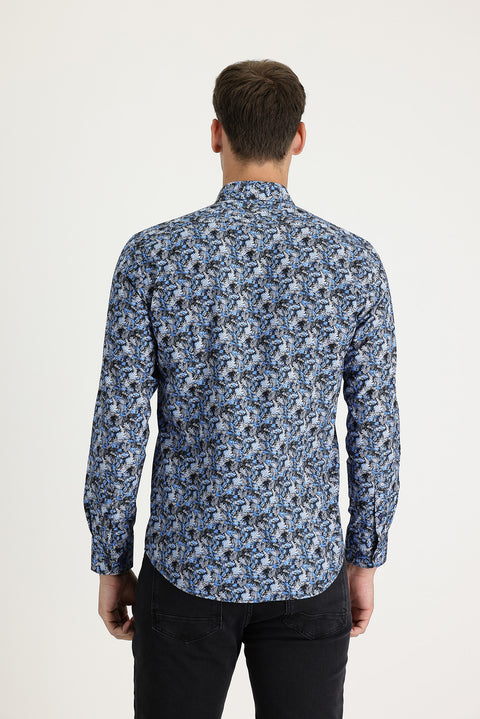 Koyu Mavi Uzun Kol Slim Fit Dar Kesim Baskılı Pamuk Gömlek