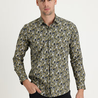 Hardal Uzun Kol Slim Fit Dar Kesim Baskılı Pamuk Gömlek
