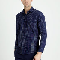 Koyu Lacivert Uzun Kol Slim Fit Dar Kesim Baskılı Pamuk Gömlek
