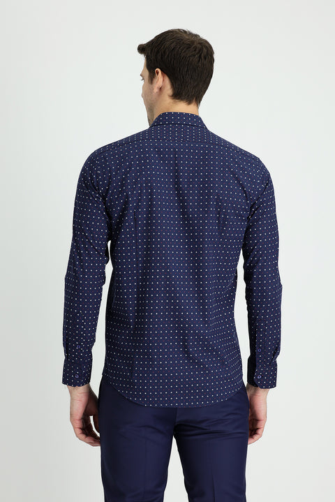 Koyu Lacivert Uzun Kol Slim Fit Dar Kesim Baskılı Pamuk Gömlek