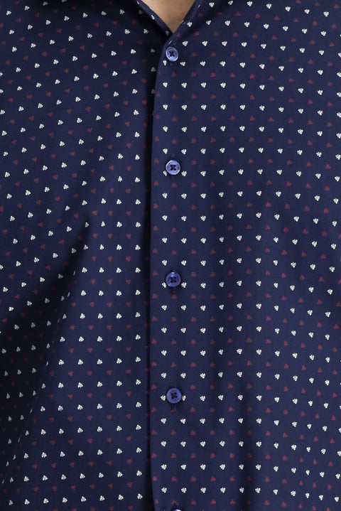 Koyu Lacivert Uzun Kol Slim Fit Dar Kesim Baskılı Pamuk Gömlek