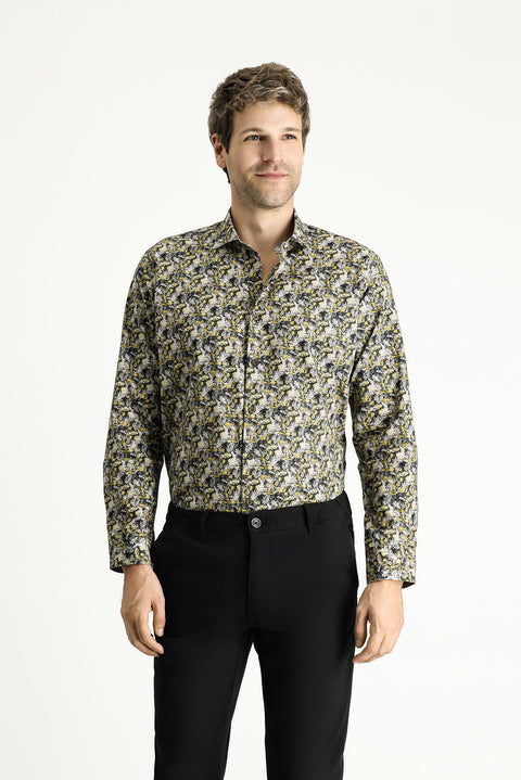 Hardal Uzun Kol Slim Fit Dar Kesim Baskılı Pamuk Gömlek