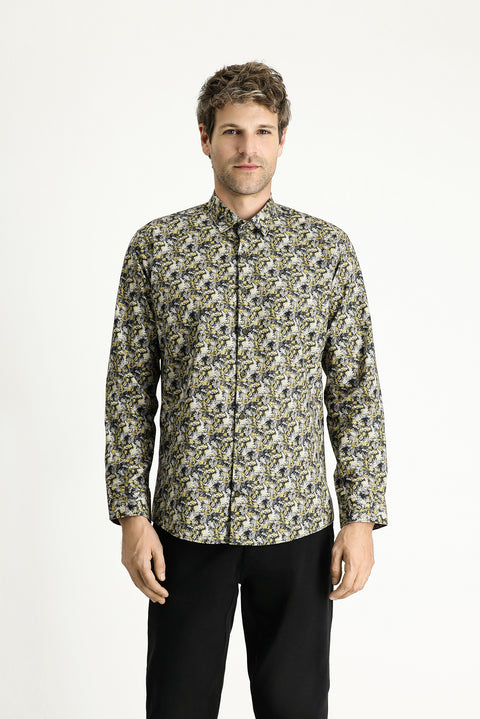 Hardal Uzun Kol Slim Fit Dar Kesim Baskılı Pamuk Gömlek