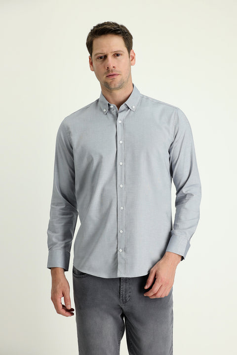 Orta Gri Uzun Kol Slim Fit Dar Kesim Oxford Pamuk Düğmeli Yaka Gömlek