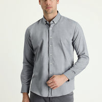 Orta Lacivert Uzun Kol Slim Fit Dar Kesim Oxford Pamuk Düğmeli Yaka Gömlek