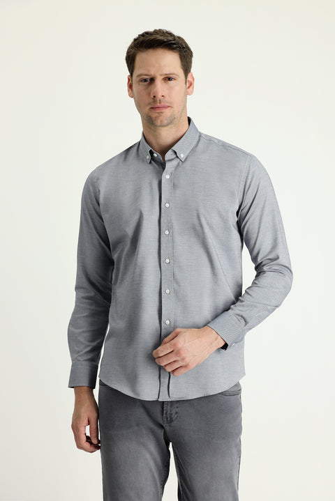 Orta Lacivert Uzun Kol Slim Fit Dar Kesim Oxford Pamuk Düğmeli Yaka Gömlek