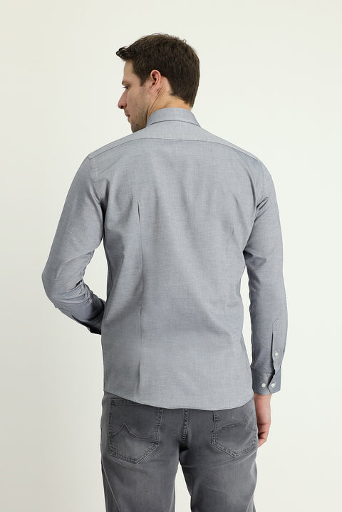 Orta Lacivert Uzun Kol Slim Fit Dar Kesim Oxford Pamuk Düğmeli Yaka Gömlek