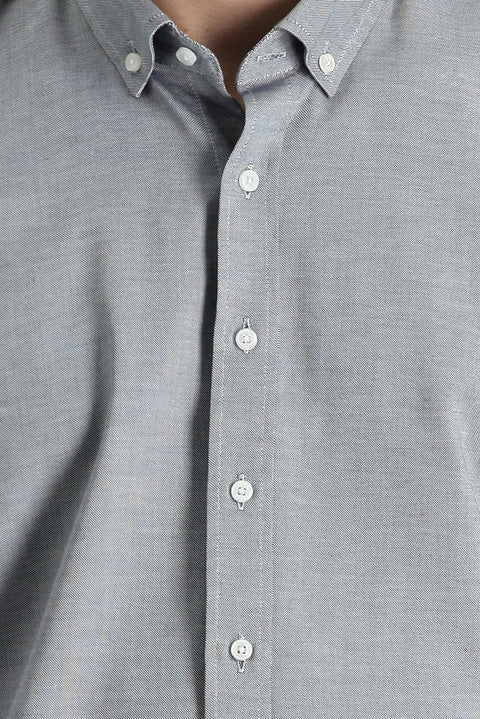Orta Lacivert Uzun Kol Slim Fit Dar Kesim Oxford Pamuk Düğmeli Yaka Gömlek