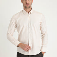 Açık Bej Uzun Kol Slim Fit Dar Kesim Oxford Pamuk Düğmeli Yaka Gömlek