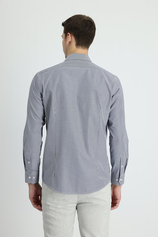 Koyu Lacivert Uzun Kol Slim Fit Dar Kesim Klasik Çizgili Pamuklu Kolay Ütülenebilir Gömlek