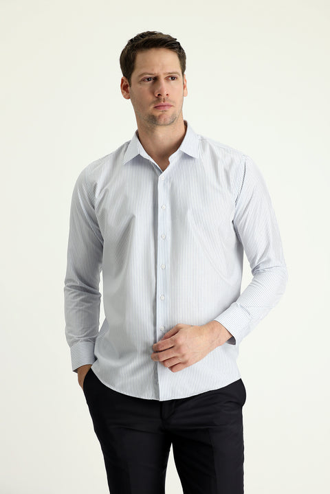 Orta Gri Uzun Kol Slim Fit Dar Kesim Çizgili Pamuklu Gömlek