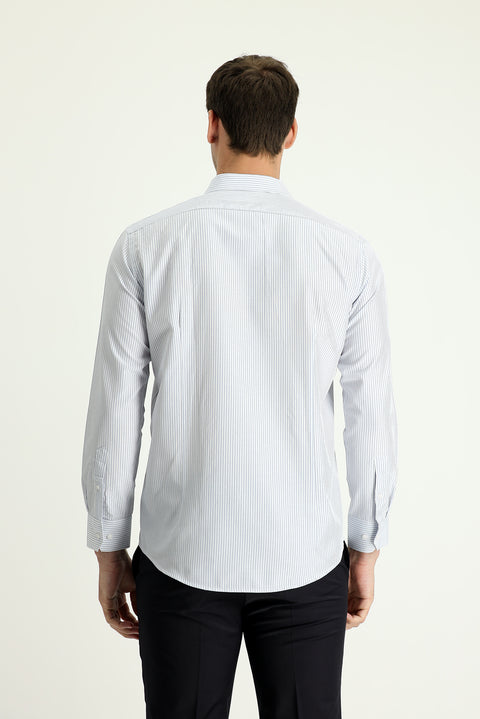 Orta Gri Uzun Kol Slim Fit Dar Kesim Çizgili Pamuklu Gömlek