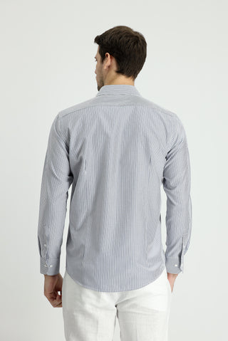 Orta Lacivert Uzun Kol Slim Fit Dar Kesim Çizgili Pamuklu Gömlek