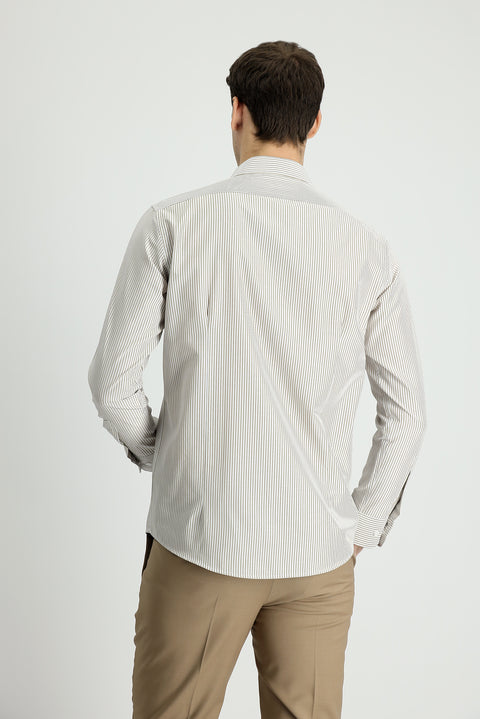 Açık Bej Uzun Kol Slim Fit Dar Kesim Çizgili Pamuklu Gömlek