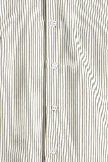 Açık Bej Uzun Kol Slim Fit Dar Kesim Çizgili Pamuklu Gömlek