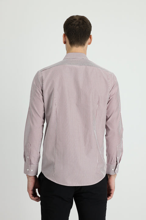 Light Burgundy Long Sleeve Slim Fit Striped Cotton Shirt