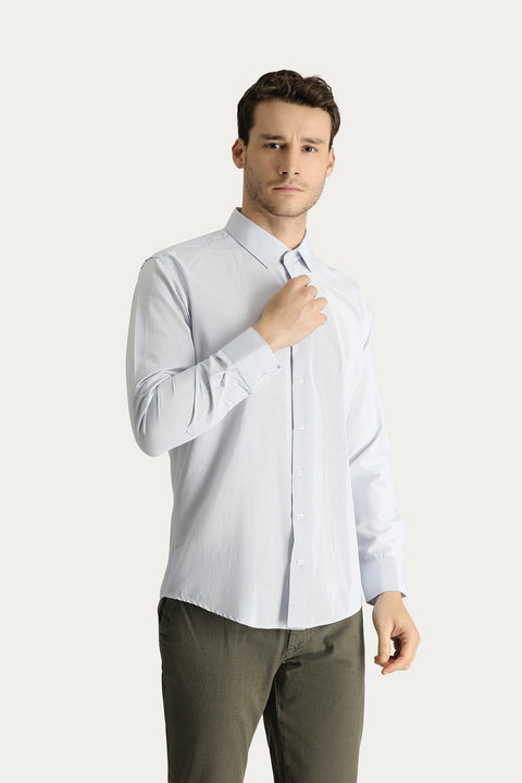 Orta Gri Uzun Kol Slim Fit Dar Kesim Klasik Çizgili Pamuklu Kolay Ütülenebilir Gömlek