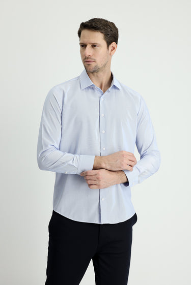 Açık Mavi Uzun Kol Slim Fit Dar Kesim Klasik Çizgili Pamuklu Kolay Ütülenebilir Gömlek