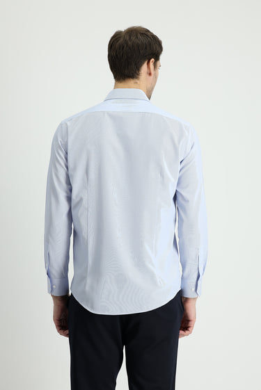 Açık Mavi Uzun Kol Slim Fit Dar Kesim Klasik Çizgili Pamuklu Kolay Ütülenebilir Gömlek