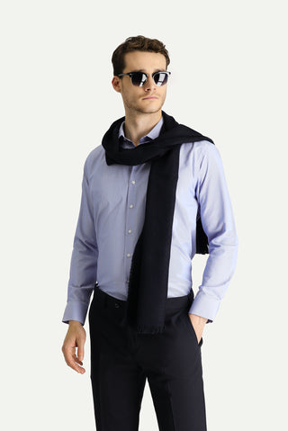 Koyu Mavi Uzun Kol Slim Fit Dar Kesim Klasik Çizgili Pamuklu Kolay Ütülenebilir Gömlek