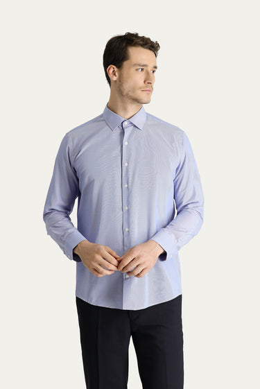 Koyu Mavi  Uzun Kol Slim Fit Dar Kesim Klasik Çizgili Pamuklu Kolay Ütülenebilir Gömlek