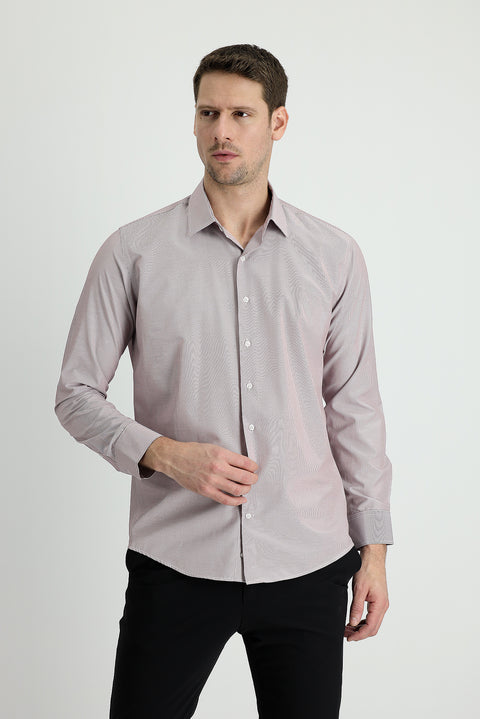 Açık Bordo Uzun Kol Slim Fit Dar Kesim Klasik Çizgili Pamuklu Kolay Ütülenebilir Gömlek