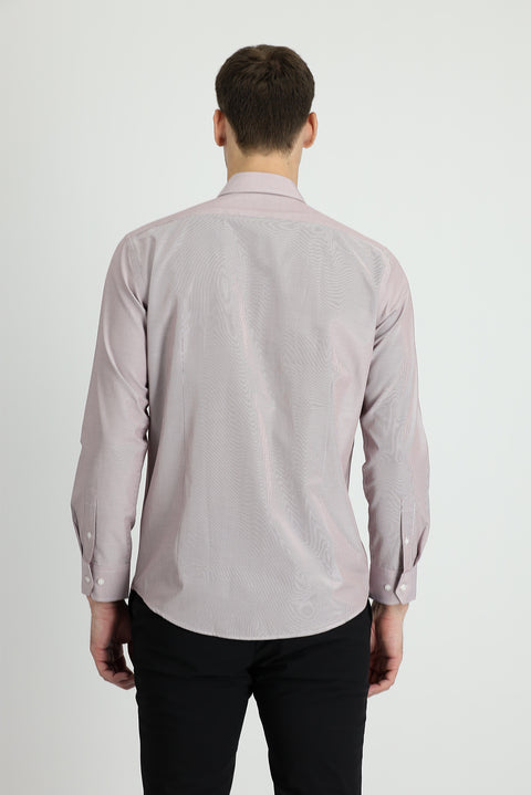 Açık Bordo Uzun Kol Slim Fit Dar Kesim Klasik Çizgili Pamuklu Kolay Ütülenebilir Gömlek