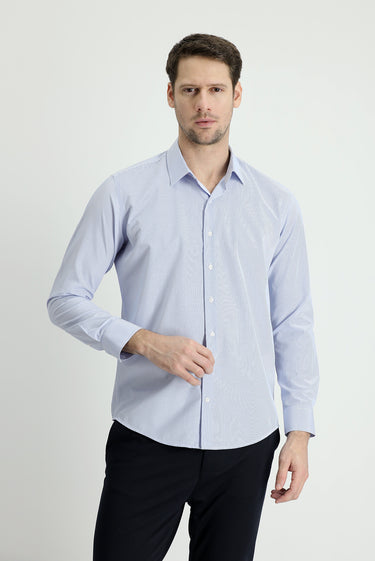 Açık Mavi Uzun Kol Slim Fit Dar Kesim Çizgili Pamuklu Kolay Ütülenebilir Gömlek