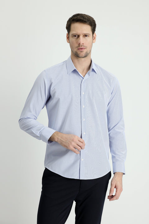 Açık Mavi Uzun Kol Slim Fit Dar Kesim Çizgili Pamuklu Kolay Ütülenebilir Gömlek