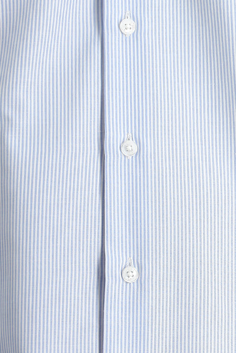 Açık Mavi Uzun Kol Slim Fit Dar Kesim Çizgili Pamuklu Kolay Ütülenebilir Gömlek