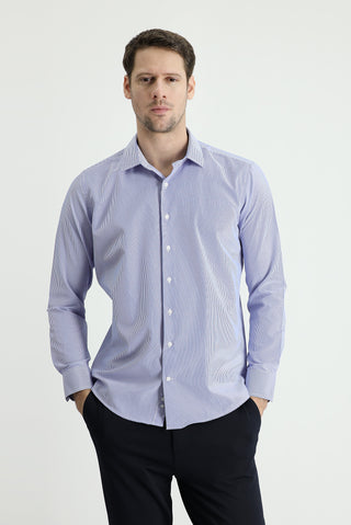 Saks Mavi Uzun Kol Slim Fit Dar Kesim Çizgili Pamuklu Gömlek