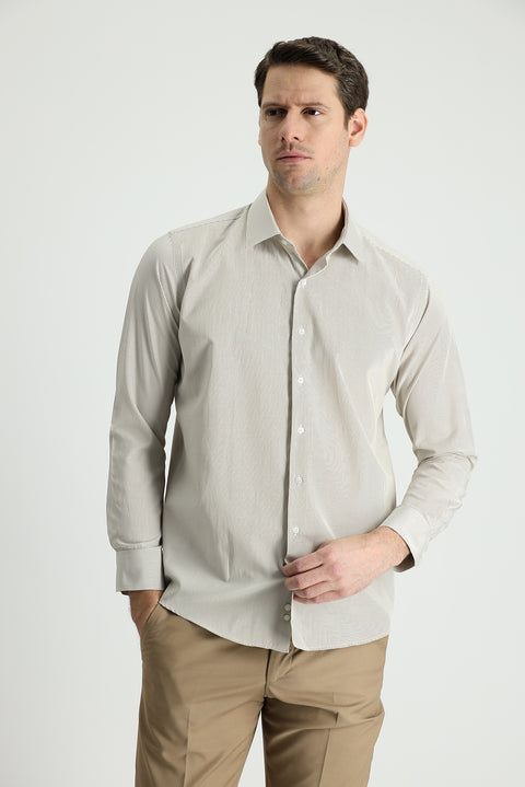 Orta Bej Uzun Kol Slim Fit Dar Kesim Çizgili Pamuklu Kolay Ütülenebilir Gömlek