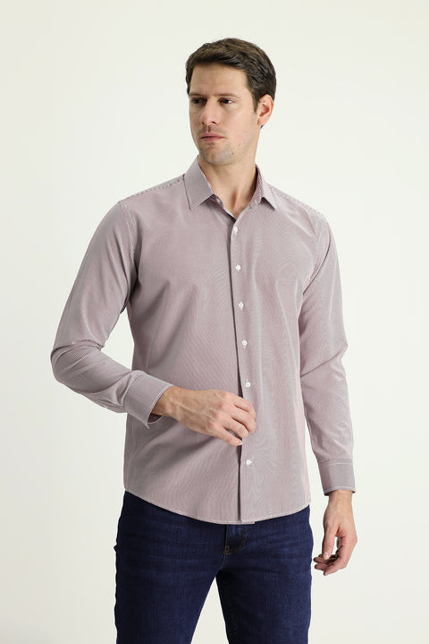 Açık Bordo Uzun Kol Slim Fit Dar Kesim Çizgili Pamuklu Kolay Ütülenebilir Gömlek