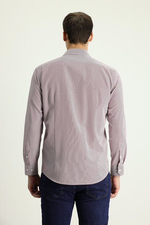 Açık Bordo Uzun Kol Slim Fit Dar Kesim Çizgili Pamuklu Kolay Ütülenebilir Gömlek