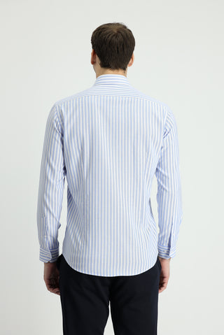 Koyu Mavi Uzun Kol Slim Fit Dar Kesim Çizgili Pamuklu Kolay Ütülenebilir Gömlek