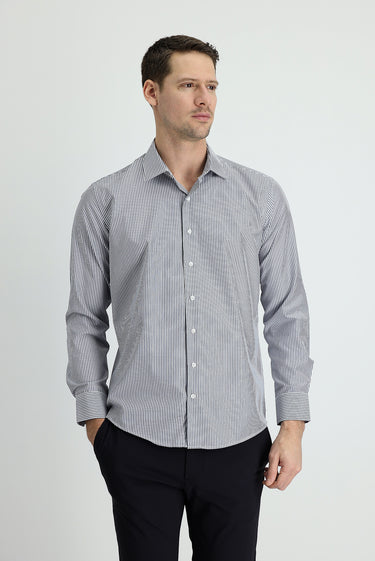 Orta Lacivert Uzun Kol Slim Fit Dar Kesim Çizgili Pamuklu Kolay Ütülenebilir Gömlek