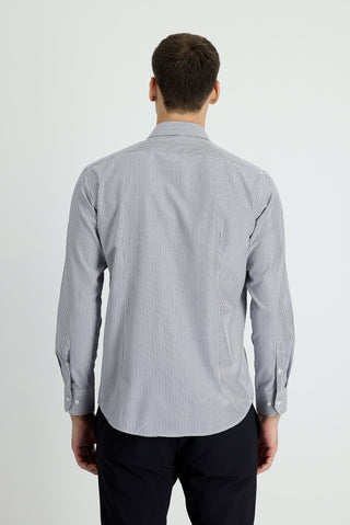 Orta Lacivert Uzun Kol Slim Fit Dar Kesim Çizgili Pamuklu Kolay Ütülenebilir Gömlek