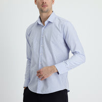 Açık Mavi Uzun Kol Slim Fit Dar Kesim Çizgili Pamuklu Kolay Ütülenebilir Gömlek