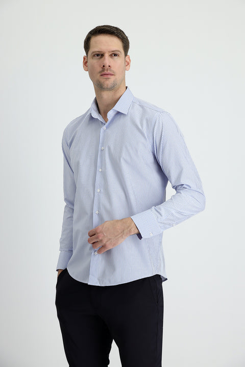 Açık Mavi Uzun Kol Slim Fit Dar Kesim Çizgili Pamuklu Kolay Ütülenebilir Gömlek