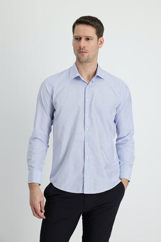 Açık Mavi Uzun Kol Slim Fit Dar Kesim Çizgili Pamuklu Kolay Ütülenebilir Gömlek