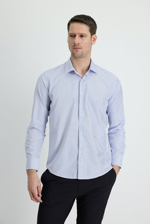 Açık Mavi Uzun Kol Slim Fit Dar Kesim Çizgili Pamuklu Kolay Ütülenebilir Gömlek