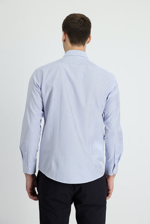 Açık Mavi Uzun Kol Slim Fit Dar Kesim Çizgili Pamuklu Kolay Ütülenebilir Gömlek