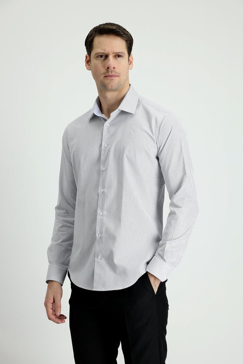 Orta Gri Uzun Kol Slim Fit Dar Kesim Çizgili Gömlek