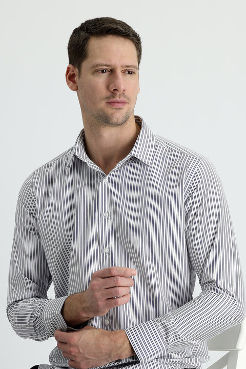 Koyu Lacivert Uzun Kol Slim Fit Dar Kesim Çizgili Pamuklu Gömlek
