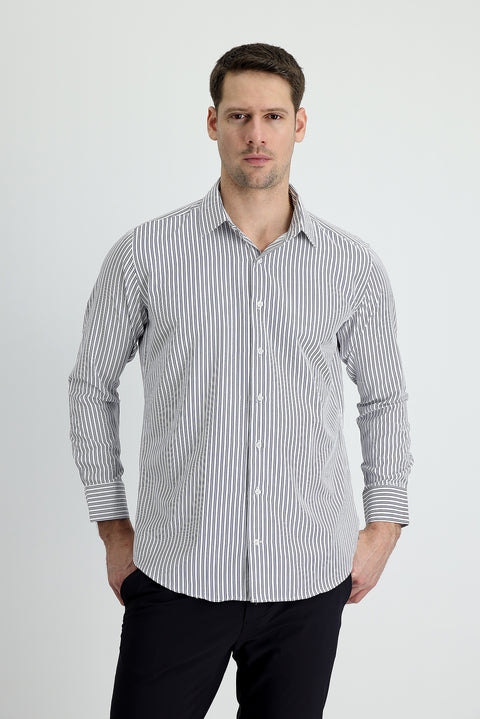 Koyu Lacivert Uzun Kol Slim Fit Dar Kesim Çizgili Pamuklu Gömlek