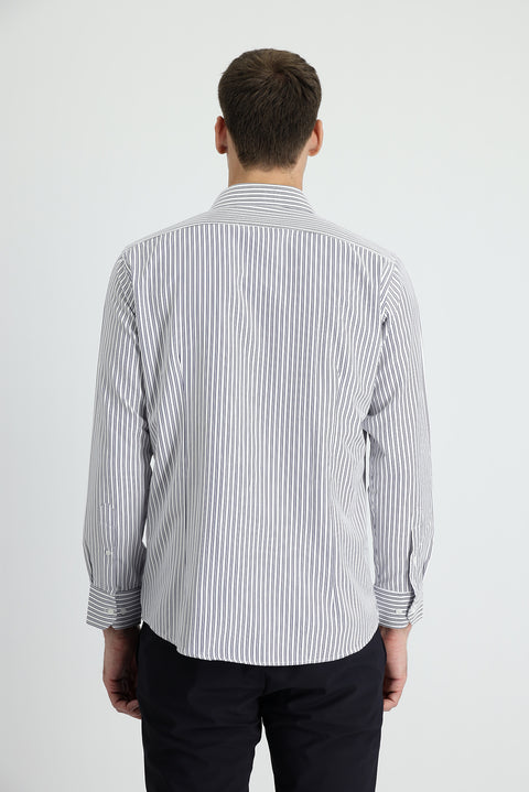 Koyu Lacivert Uzun Kol Slim Fit Dar Kesim Çizgili Pamuklu Gömlek