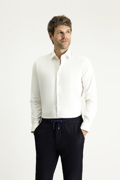 Cream Long Sleeve Slim Fit Classic Cotton Shirt