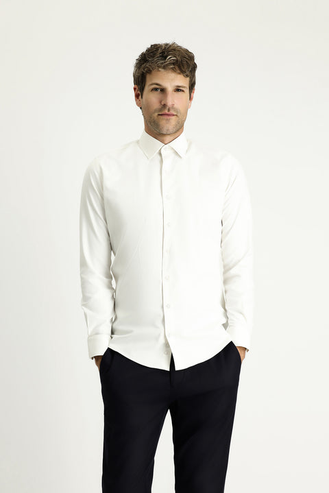 Cream Long Sleeve Slim Fit Classic Cotton Shirt