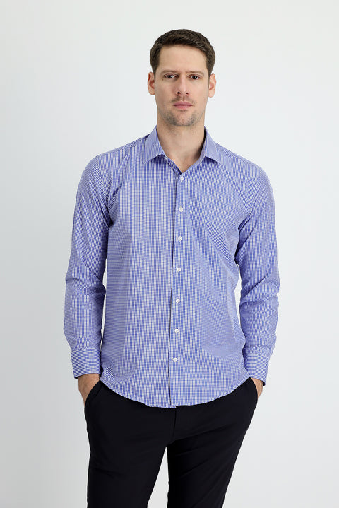 Medium Navy Long Sleeve Slim Fit Narrow Cut Plaid Cotton Easy-Iron Shirt