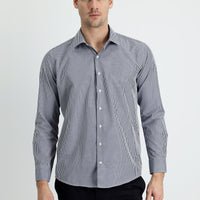 Dark Navy Long Sleeve Slim Fit Narrow Cut Plaid Cotton Easy-Iron Shirt